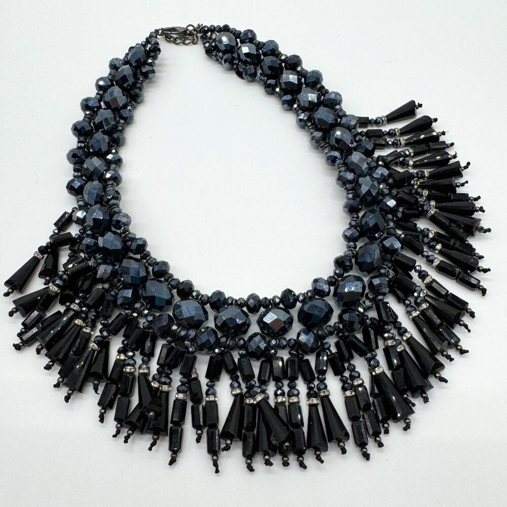 Statement Necklace Deep Blue Charcoal Glass and Lucite Faceted Beads